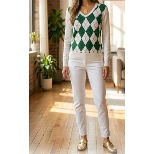 Women Tommy Hilfiger 100% Pima Cotton White & Green Argyle Print V Neck Top - S